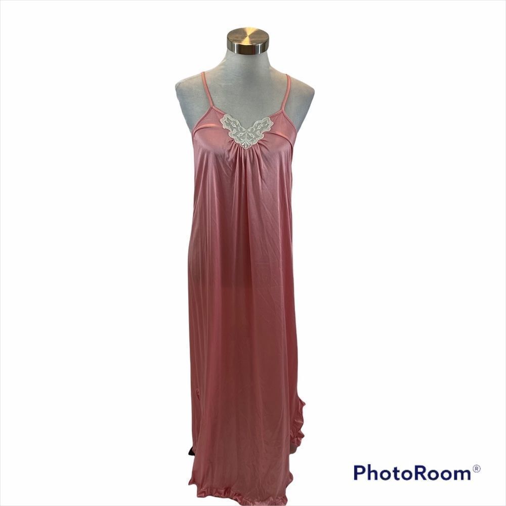 Ladies Vintage Berkleigh Juniors Pink Maxi Length Nightgown Lace V Front Small